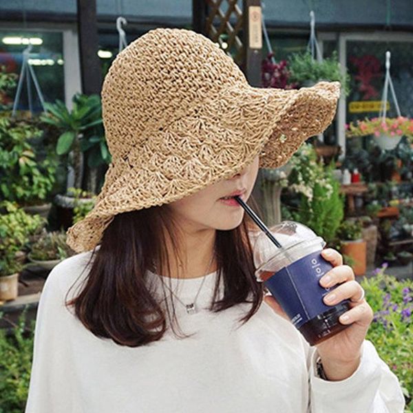 

wide brim hats ins style women chic hand-woven straw hat female classic summer beige hollow folding sunshade beach, Blue;gray
