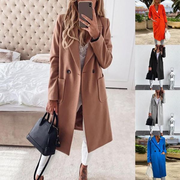

women's wool & blends fashion women autumn winter lapel collar buttons pockets long coat warm jacket overcoat solid color, Black