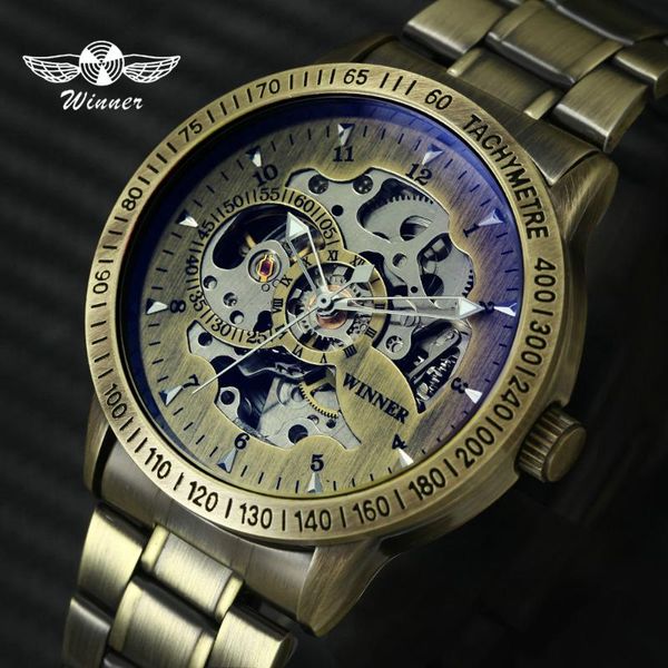 

Top Steampunk Fashion Copper Automatic Mechanical Men Watches Stainless Steel Strap Skeleton Vintage Wristwatches, Slivery;brown