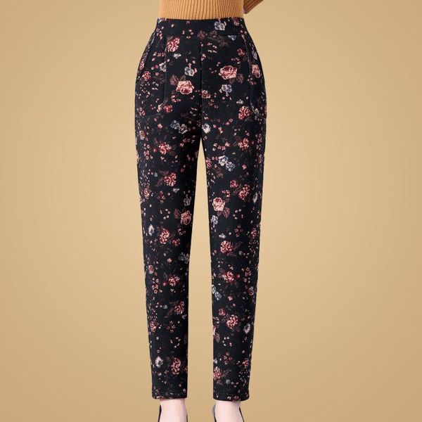 

autumn winter 2021 middle aged and old women warm velvet elastic waist pants female printed casual straight trousers q171 women's & cap, Black;white