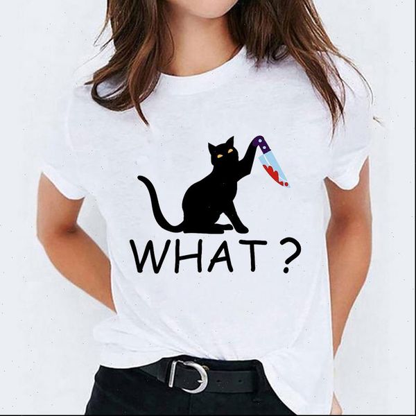

cat kawaii cartoon clothing women t shirt 90s halloween print graphic tee, White