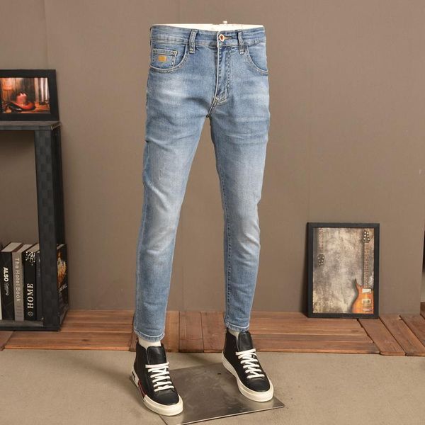 

casual men jeans light blue streetwear regular fit denim pants men's