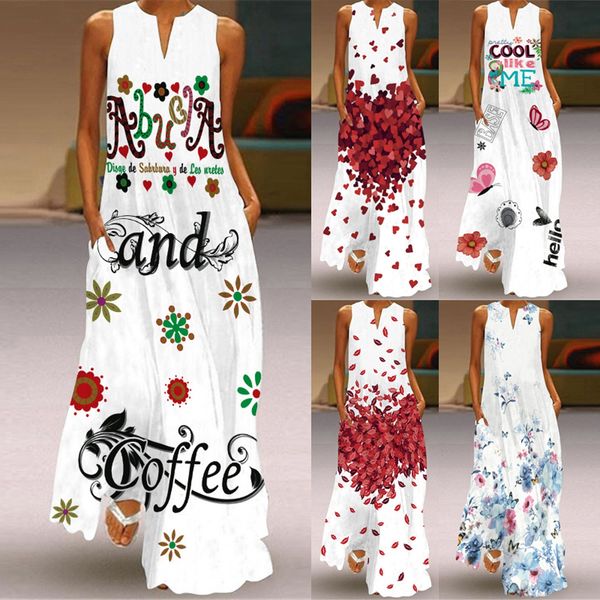 

elegant floral printed summer dress vintage big swing v-neck tank sleeveless dresses floor length high waist dress robe, Black