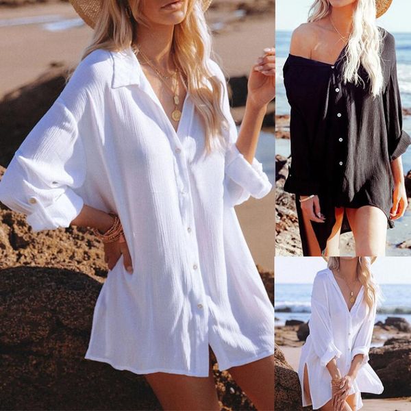 

summer loose shirt dress beach swim cover-up black white lapel neck female long shirts breathable casual women's dresses, Black;gray
