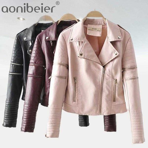 

spring autumn leather coat women long sleeve solid slim pu jackets europe and america fashion ladies moto casual 210604, Black