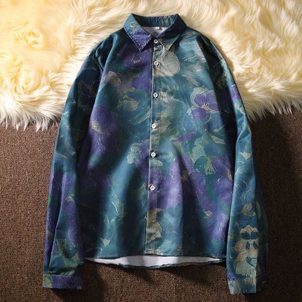 

men's casual shirts men's cardigan loose floral print autumn youth blue lapel long sleeve casual shirt 28e9, White;black