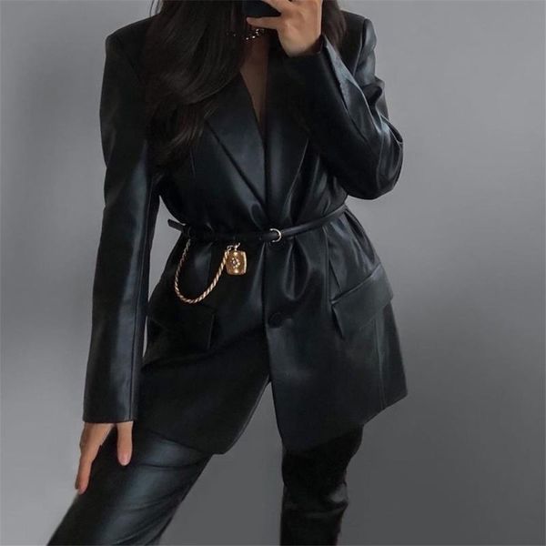 

women's leather & faux autumn winter coat women solid suit collar fake pocket fashion casual long sleeve jacket high street clothes, Black