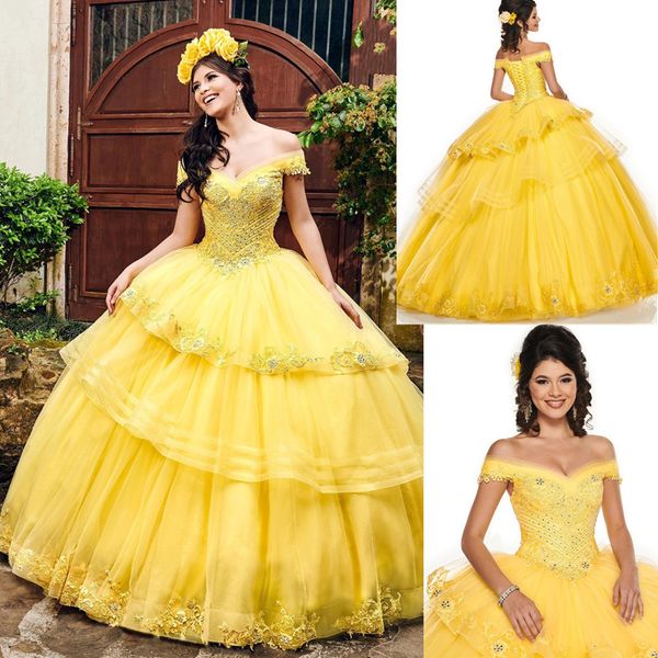 Великолепные Платья Quinceanera Желтый / Синий Цвет Сексуальная Сексуальная С Плечо Шариковидные Ярлыные Апплики Бисер Формальная 16 лет Партия