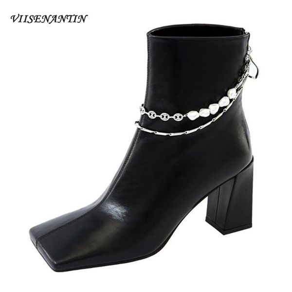 

boots pearl chain decoration high-heeled short women's style autumn winter square toe thick heel zipper black fashion