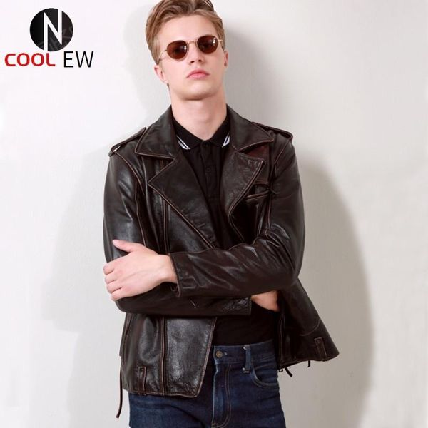 

men's leather & faux brand cow mens slim fit vintage outerwear coats chic side lace up lapel genuine moto biker jackets plus size, Black
