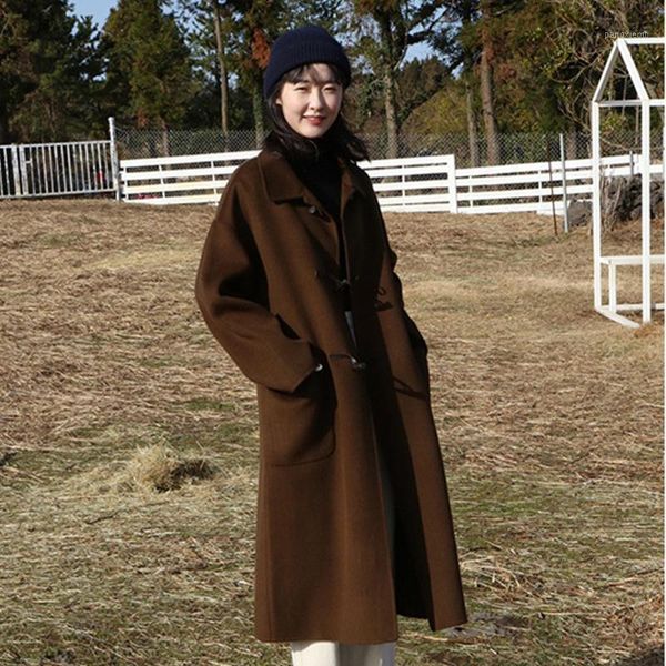 

women's wool & blends fashion loose solid pockets women coat single breasted woolen jacket turn-down collar and, Black