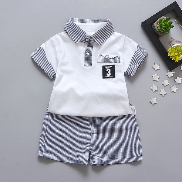 

new childrens clothing boys striped lapel sets boy baby short sleeve 2 piece t-shirt + shorts kids clothing sets, White