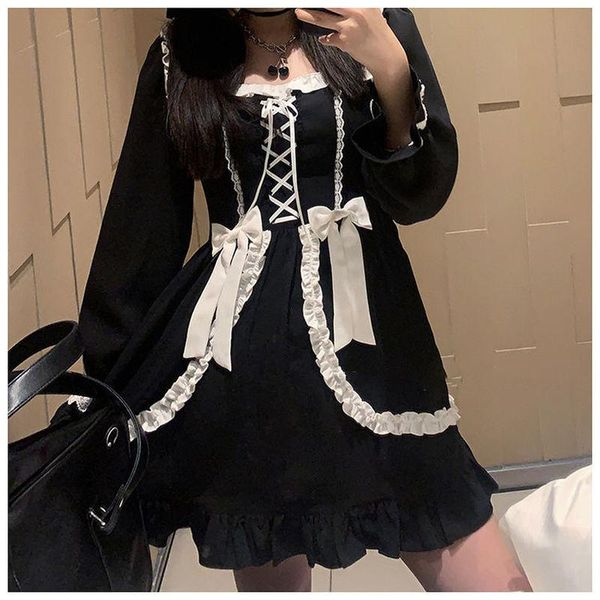 

casual dresses kawaii japanese lolita dress vintage gothic patchwork punk mini japan style goth dark academia for women 2021, Black;gray