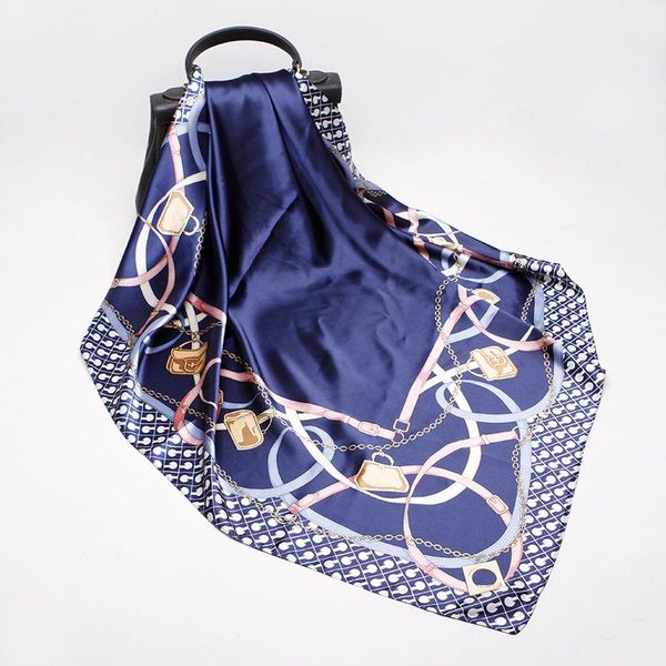 

scarves 2021 90x90 keychain print multipurpose women silk twill scarf satin square tie hairband ladies foulard femme towel bufanda shawl, Blue;gray