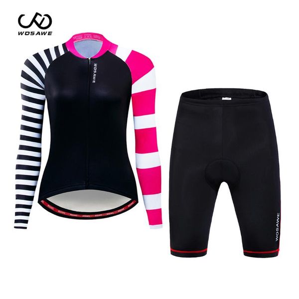 

racing sets wosawe women cycling jersey set anti-sweat breathable windproof mtb bike clothes bicycle shorts suit for autumn female, Black;blue