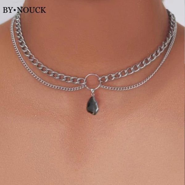 

chains 2021 irregular stone pendant silver metal cuban chain choker necklace jewelry for women punk double layer necklaces