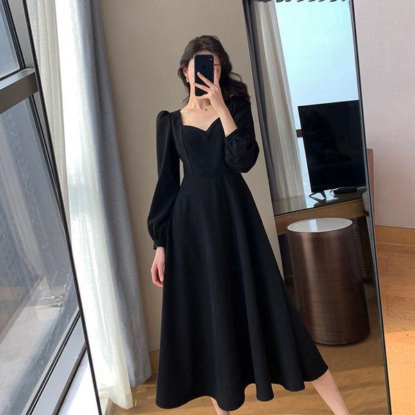 

casual dresses hepburn style small black dress women's 2021 spring and autumn retro v-neck long over knee temperament, Black;gray