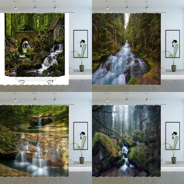 

shower curtains natural scenery forest waterfall river big tree plant landscape bathroom decor polyester cloth hanging curtain