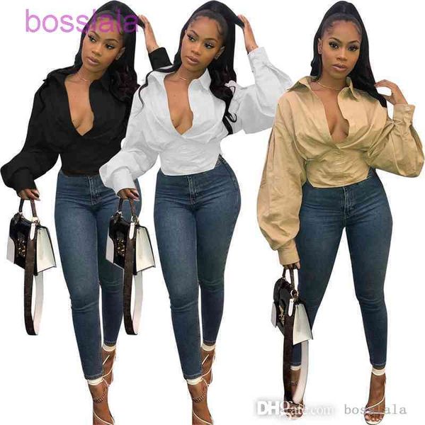 Donne Moda Slim Lantern Sleeve Sleeve Sexy V-Neck Solid Color Manica a maniche lunghe Blusa Blusa e Autunno Abbigliamento S-XXXL