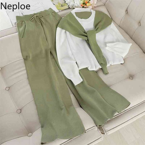 

2 piece set women spring scarf pacthwork o neck long sleeve female sweater+casual high waist pants fashion suit 1a983 210422, White