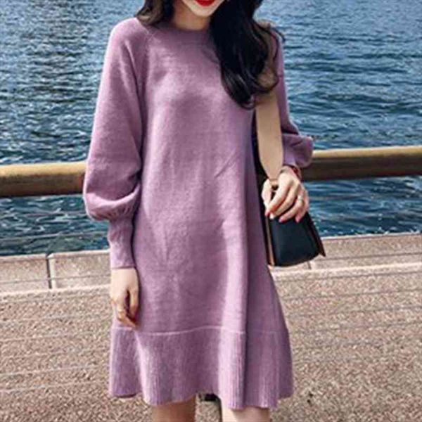 

christmas autumn winter womens dress long sleeve solid color knitting puff large hem knee length for daily wear, Black;gray