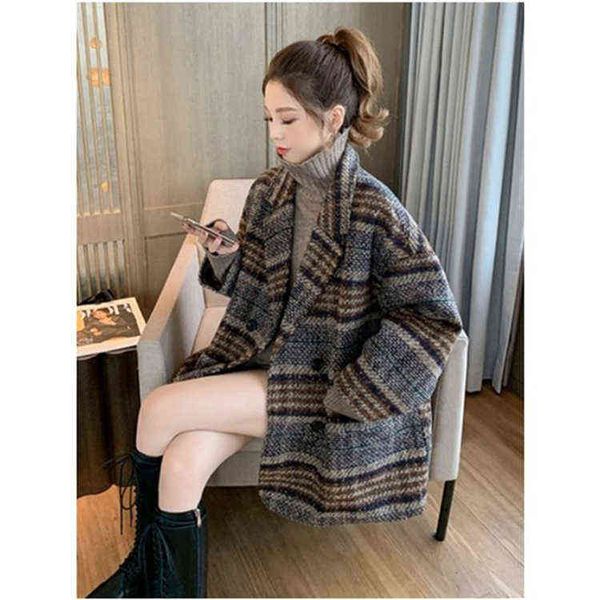 

suit coat women's autumn and winter loose small plaid tweed medium long thickened, Black