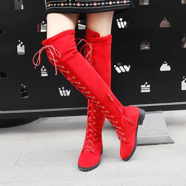 

boots fashion cross-tied women high 2021 flock low heels over the knee female thigh ladies booties, Black