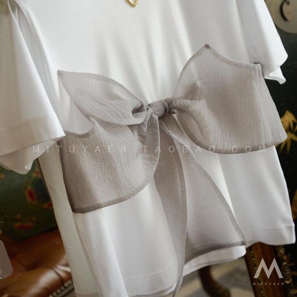 

women's t-shirt xiaowang summer big bow tie short sleeve for women, White