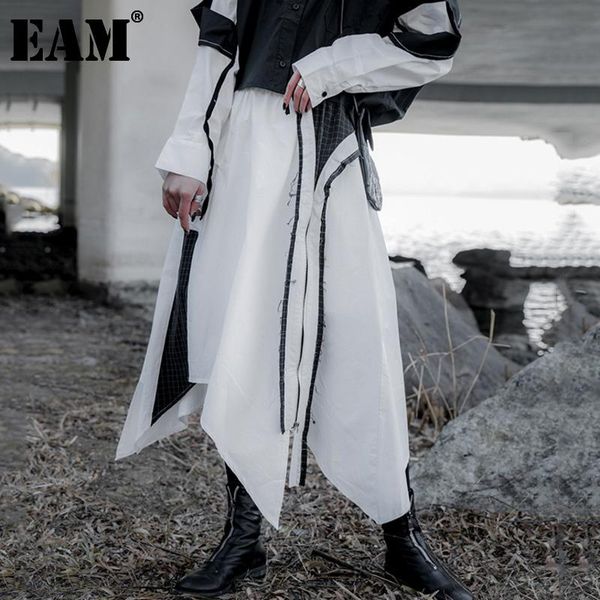 

skirts [eam] high elastic waist white asymmetrical mesh plaid half-body skirt women fashion tide spring autumn 2021 1dd6193, Black