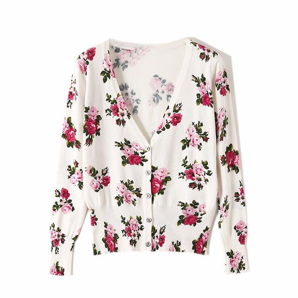 

women's knits & tees rose print v-neck slim short knitted cardigan women modis sweater 2021 spring and autumn arrival wholesale price, White