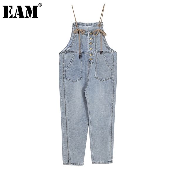 

[eam] loose fit women blue denim big size jumpsuit high waist pocket stitch pants fashion spring summer 1dd6725 210512, Black;white