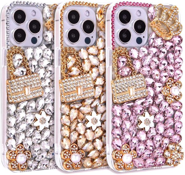 Crystal Bling Women Casos de telefone fofos iPhone 14 13 12 11 Pro Max xr x 8 7 tampa de prote￧￣o de pingente de diamante artesanal