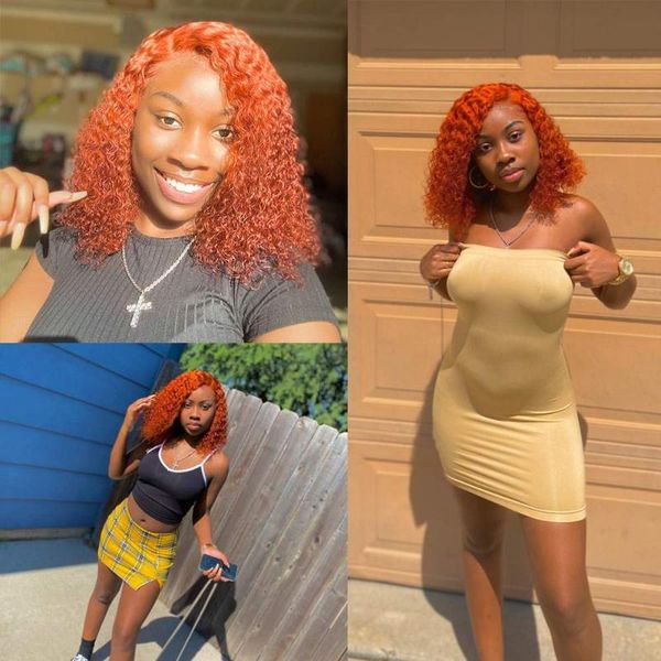 

lace wigs orange human hair wig colored front 13x6 thick deep curly, Black;brown