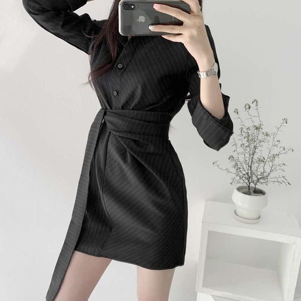 

casual dresses women striped printed ol office lady draw back y2k party dress fashion loose vestidos clothes wear d504, Black;gray