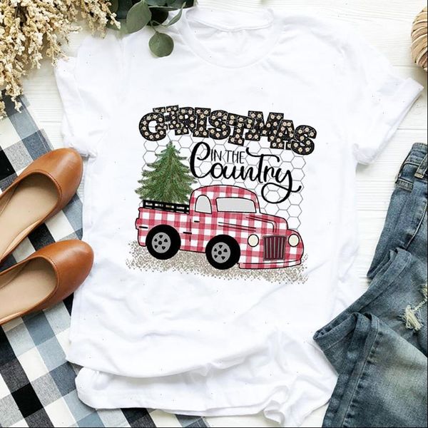 

women t shirt plaid truck tree mujer camisetas holiday merry christmas clothes ladies graphic print tee tshirt female, White