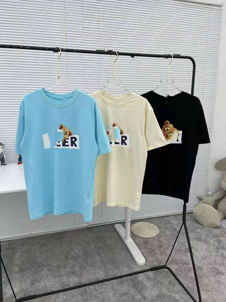 

luxury design korea fashion short sleeve chest bear with letter print pattern couple round neck t-shirt, White