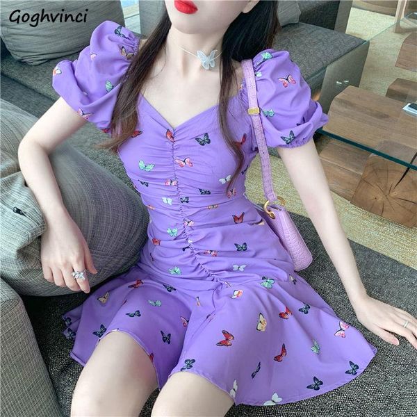 

casual dresses dress women summer purple butterfly printing girls v-neck pleated puff sleeves thin slim fashion comfortable students, Black;gray