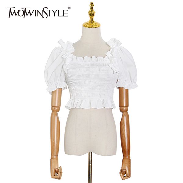 

pink ruched patchwork ruffle shirt for women square collar short sleeve slim blouse female fashion new summer tide 210428, White