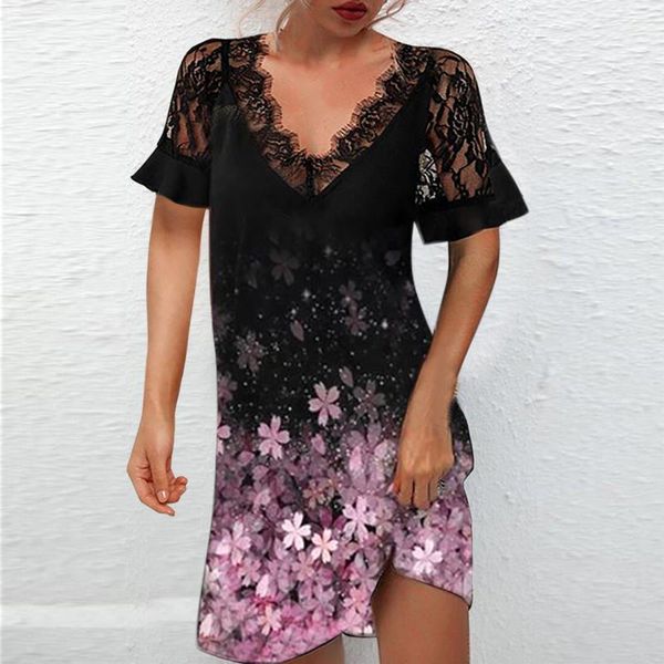 

casual dresses women's dress floral feather printed mesh short sleeve lace v neck party mini a-line beach vestido de mujer #723, Black;gray
