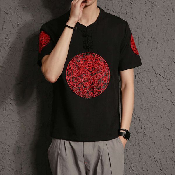 

summer short sleeve dragon t-shirt men's china embroidery floral body wear large round neck bottomed shirt, White;black