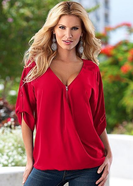 

women's blouses & shirts 2021 women fashion half sleeve zipper v-neck solid chiffon summer casual blusas, White