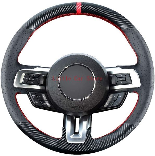 

diy steering wheel cover custom fit for ford mustang 2015-21 15 inches black leather carbon fiber interior accessories