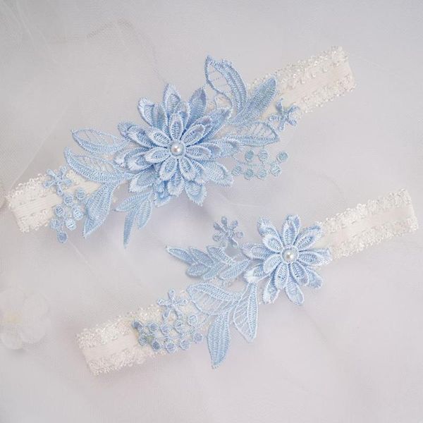 

party decoration 2 pcs wedding garter navy white embroidery floral women bride thigh ring bridal lace leg loop decor