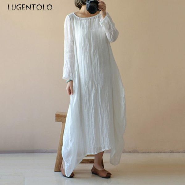 

casual dresses lugentolo women harajuku dress autumn big swing loose solid o-neck long sleeve lady simple maxi large size 5xl, Black;gray