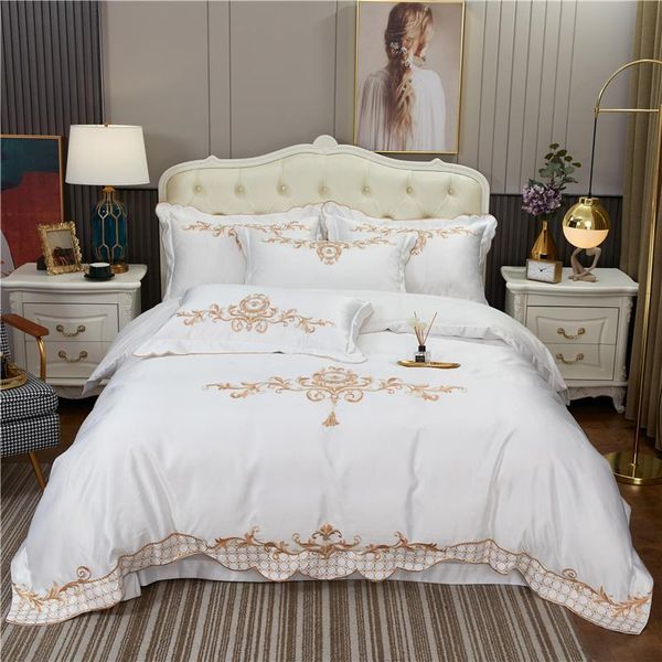 

bedding sets luxury white satin washed silk cotton gold embroidery set soft silky duvet cover bed linen fitted sheet pillowcases