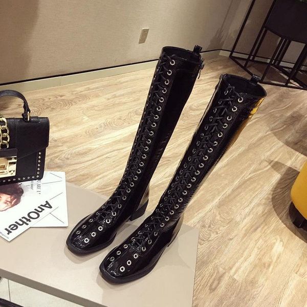 

boots front lace women's thick heel high 2021 patent leather slim, Black