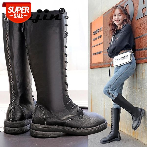 

fujin mid calf women boots knee high lace up genuine leather cow soft black punk motorcycle platform heel boots comfortable #tb2b