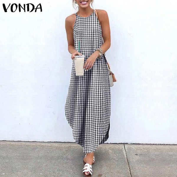 

casual dresses summer women dress 2021 vonda women'robe sleeveless irregular hem plaid long holiday party sundress loose vestidos, Black;gray