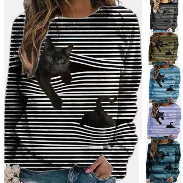 

stripe pattern women's fashion 3d printing short slim t-shirt autumn long sleeve round neck basic casual, White