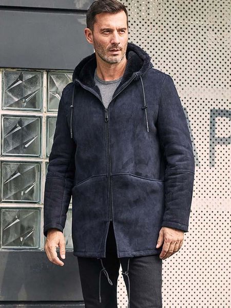

shearling coat mens leather jacket warm wool overcoat long winter outwear hooded sheepskin parkas men's & faux, Black